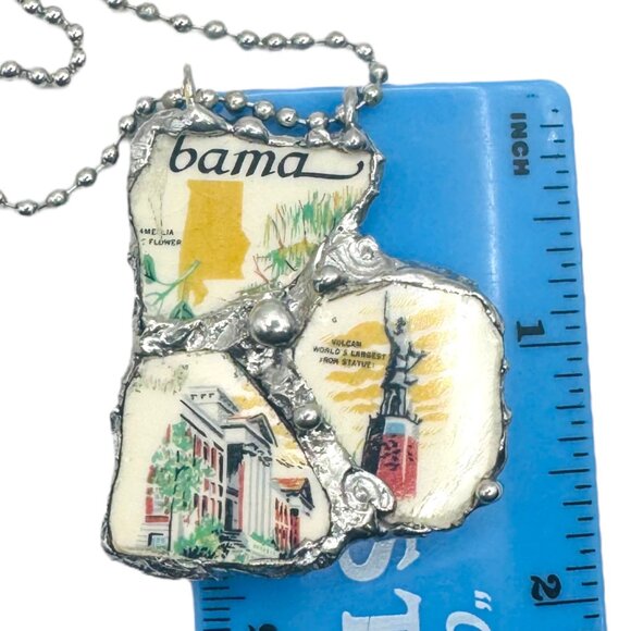 Broken China Pendant Alabama State Commemorative Plate Artisan Metalwork Bezel - Picture 6 of 12